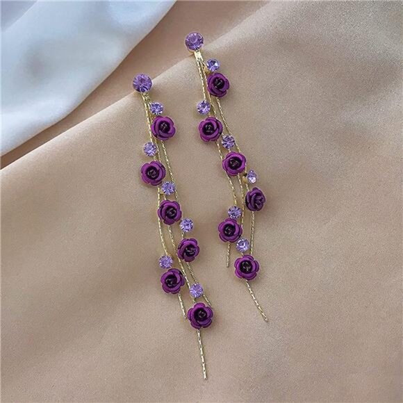 3D Rose Flower Crystal Long Tassel Drop Earrings - Picture 5 of 6